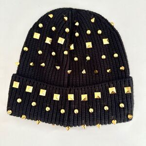 Lele Sadoughi Black Gold Studded Beanie Hat Ribbed Knit Spike Pyramid Punk OS